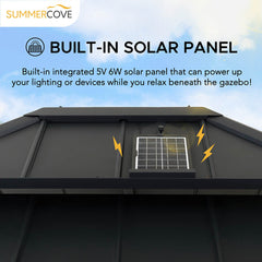 Sunjoy 10’ x12’ Hardtop Gazebo, Aluminum Frame Patio Gazebo, 2-Tier Steel Hardtop Solar Powered Gazebo with Netting