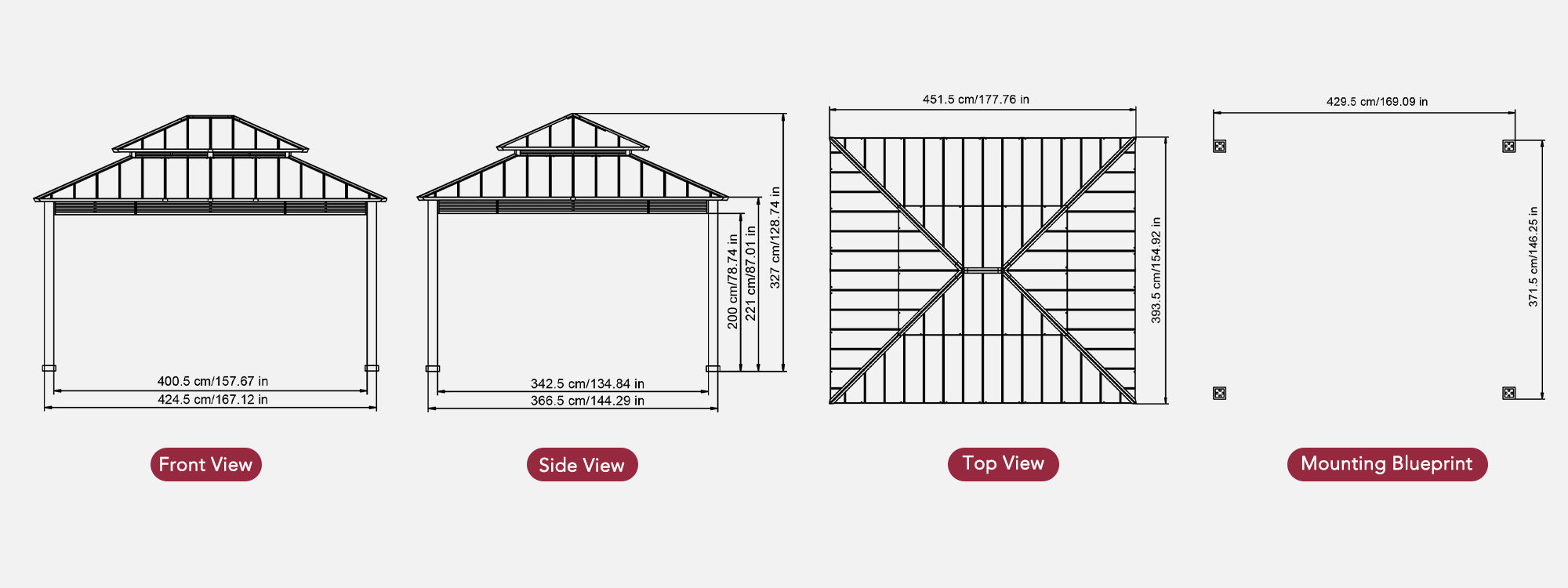 SUNJOY 13x15 Hardtop Gazebo Outdoor Patio Black Steel Frame Gazebo with 2-Tier Steel Roof