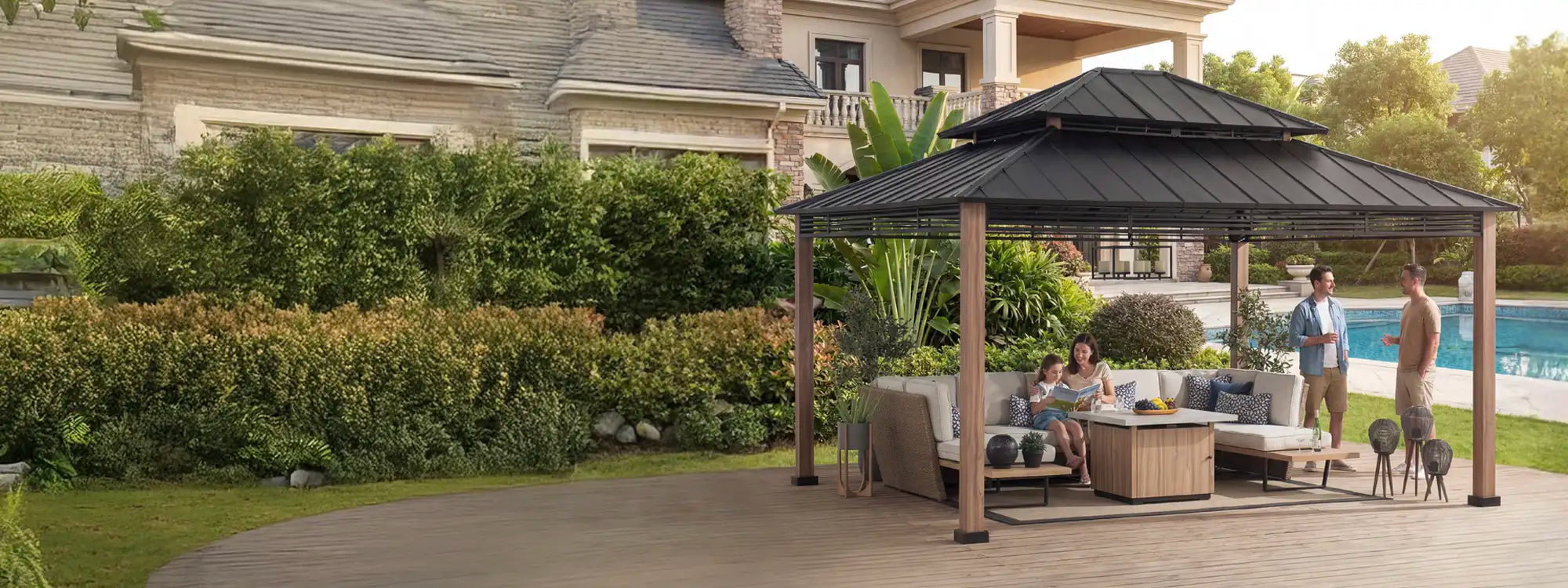 SUNJOY 13x15 Hardtop Gazebo Outdoor Patio Black Steel Frame Gazebo with 2-Tier Steel Roof