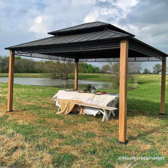 Sunjoy Outdoor Patio 13x15 Black 2-Tier Steel Backyard Hardtop Gazebo with Metal Ceiling Hook.