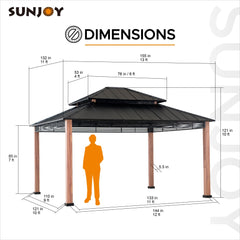 SUNJOY Outdoor Patio 13x15 Black 2-Tier Steel Backyard Hardtop Gazebo with Metal Ceiling Hook