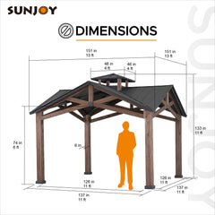 Sunjoy 12.5x12.5 Black 2-Tier Wooden Frame Hardtop Gazebo with Ceiling Hook