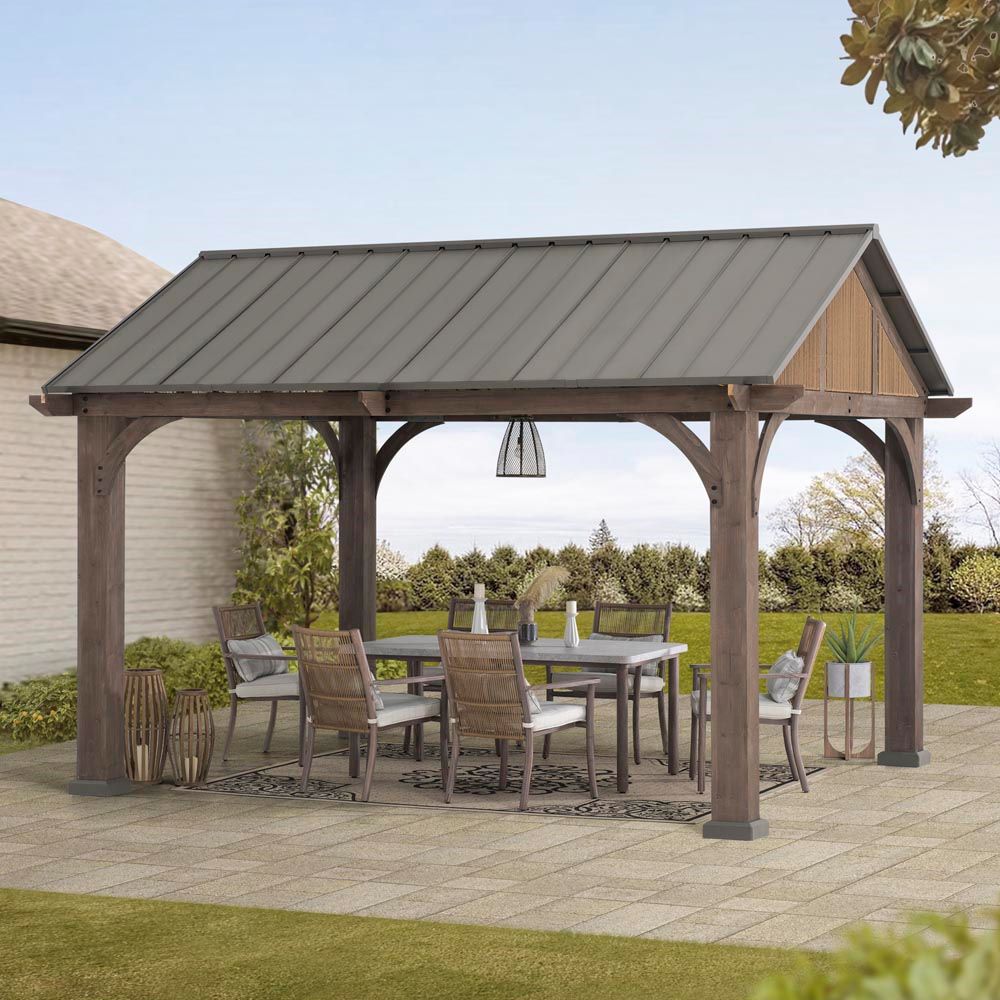 Sunjoy Outdoor Patio 12x14 Brown Wooden Frame Gable Roof Backyard Hardtop Gazebo / Pavilion with Ceiling Hook.