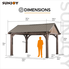 SUNJOY Outdoor Patio 12x14 Brown Wooden Frame Gable Roof Backyard Hardtop Gazebo / Pavilion with Ceiling Hook