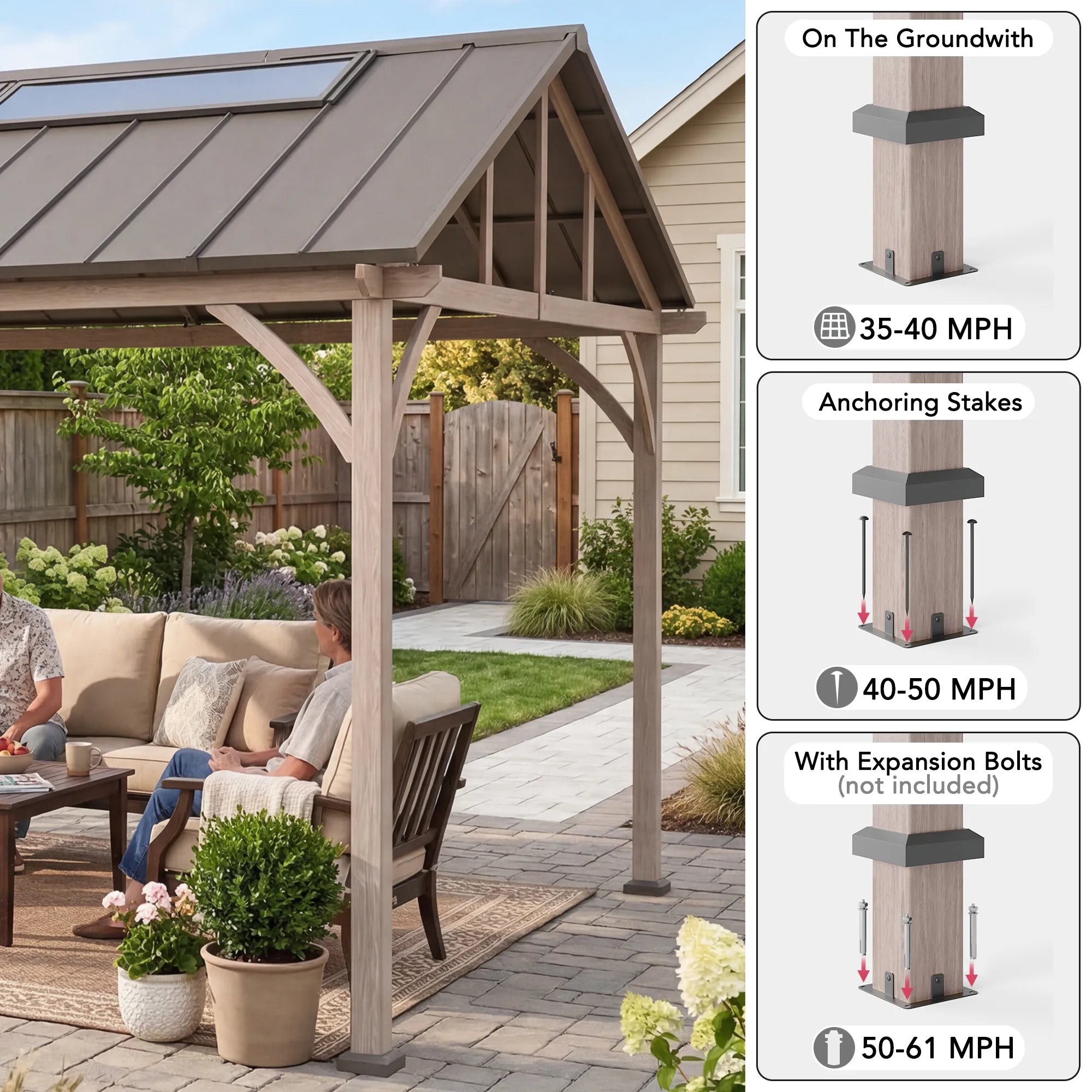 SUNJOY 11x13 Wood Finish Extra-Tall Hardtop Gazebo with Pitched Roof and PC Boards.