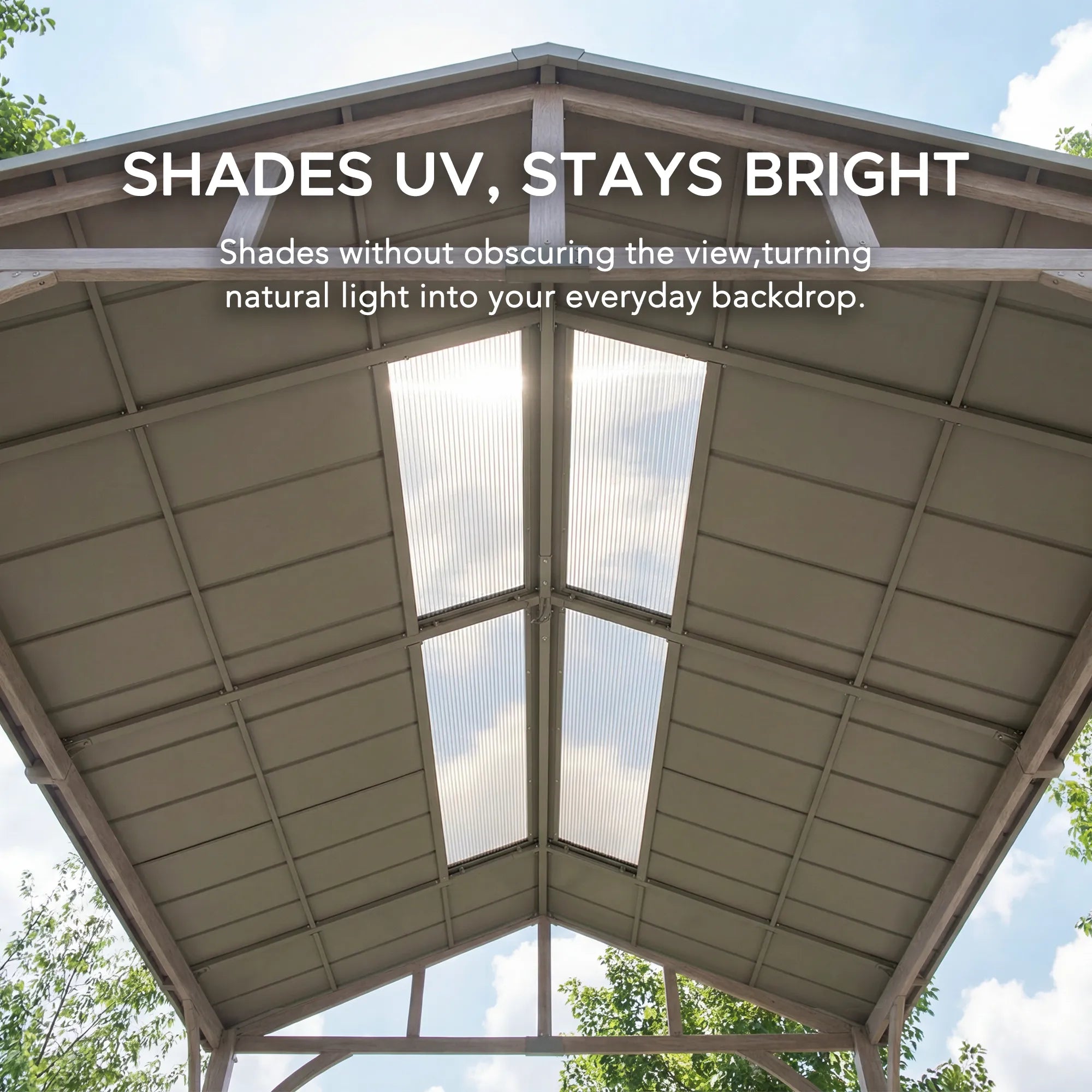 SUNJOY 11x13 Wood Finish Extra-Tall Hardtop Gazebo with Pitched Roof and PC Boards.