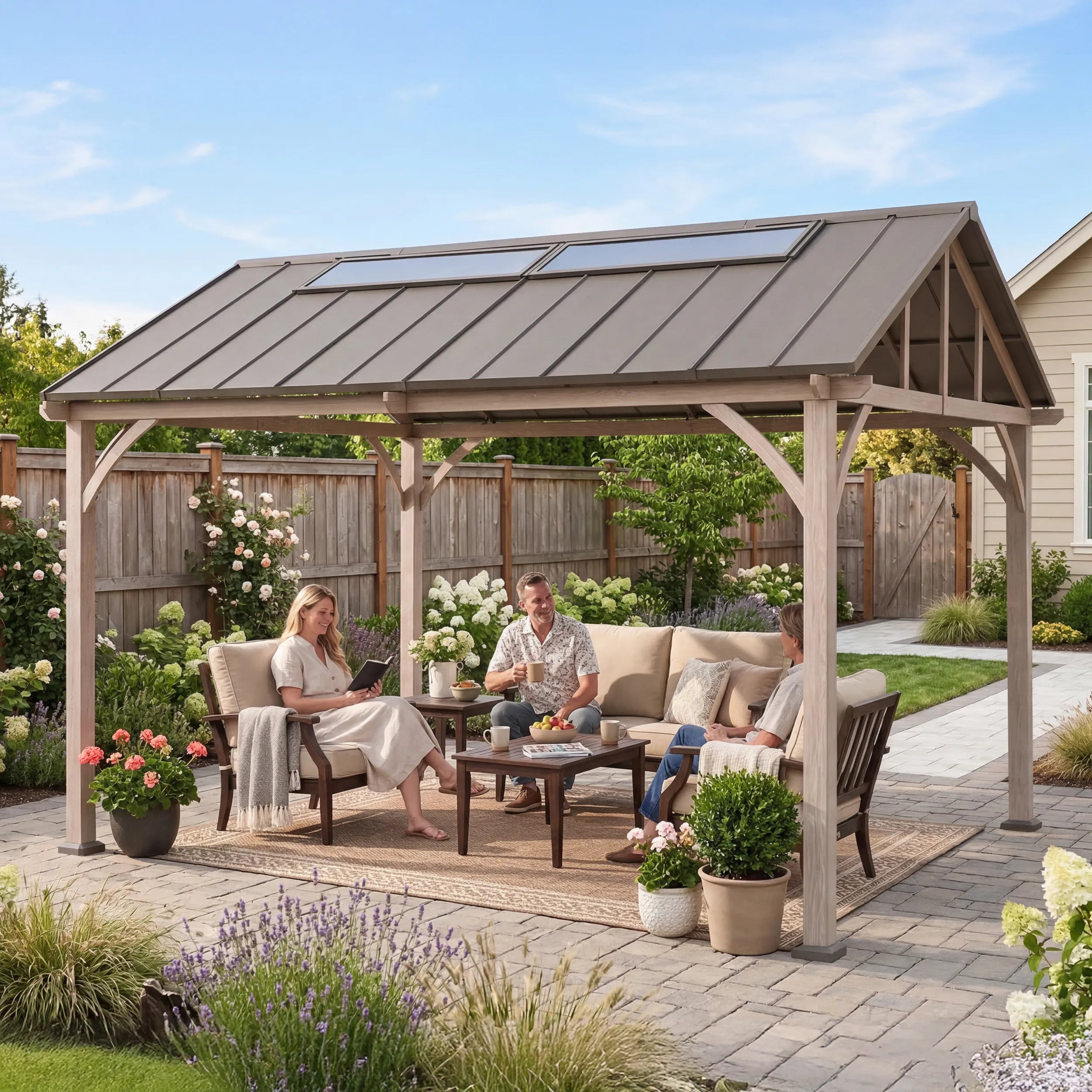 SUNJOY 11x13 Wood Finish Extra-Tall Hardtop Gazebo with Pitched Roof and PC Boards.