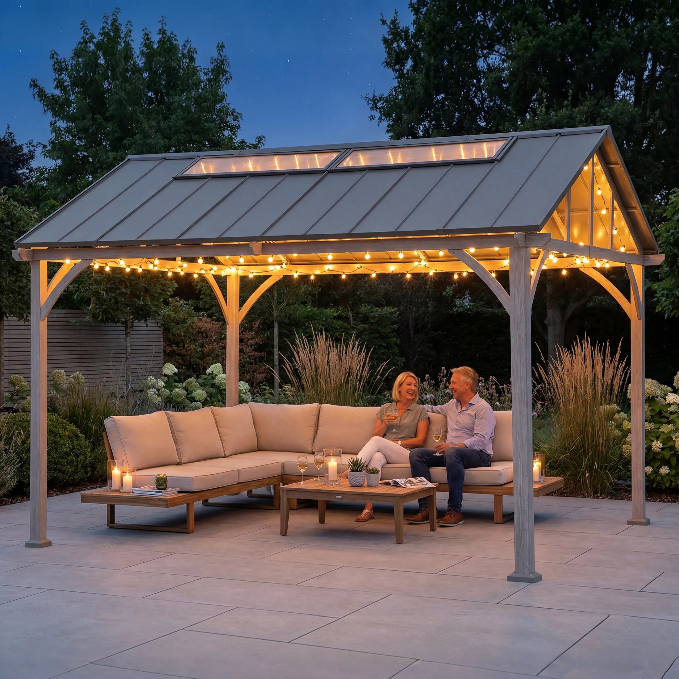 SUNJOY 11x13 Wood Finish Extra-Tall Hardtop Gazebo with Pitched Roof and PC Boards.