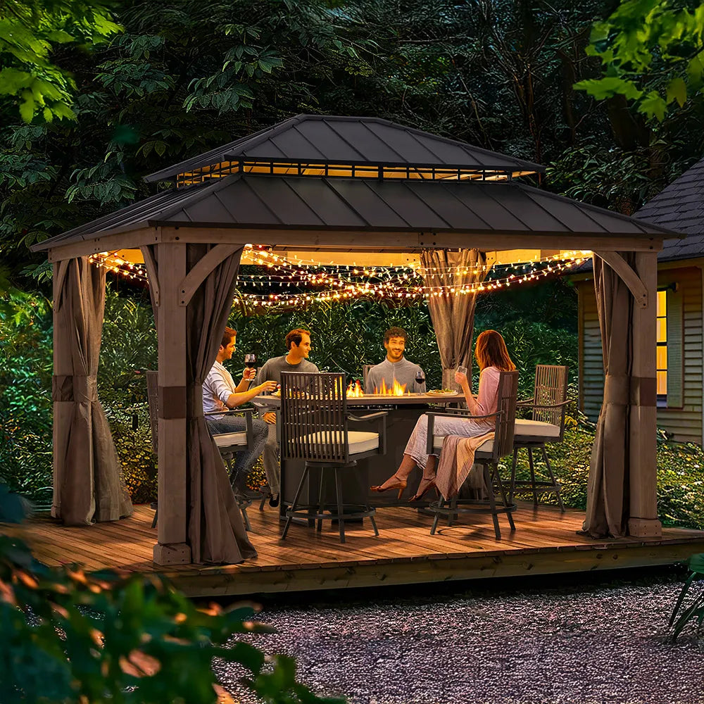 SUNJOY 11x13 Wooden Gazebo with Double Steel Roof, Nettings and Curtains - Weathered Cedar