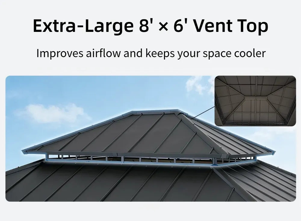 Extra-large 8' x 6' vent top on a roof with text indicating improved airflow.