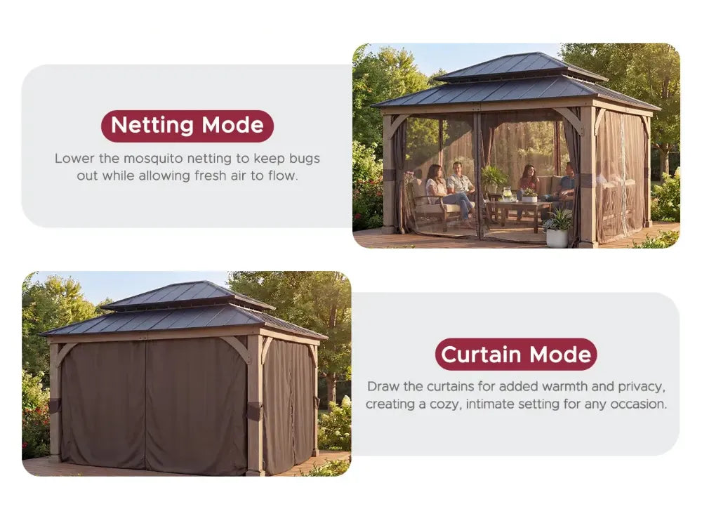 Wooden gazebo with mosquito netting and curtains, showing two modes on a white background.