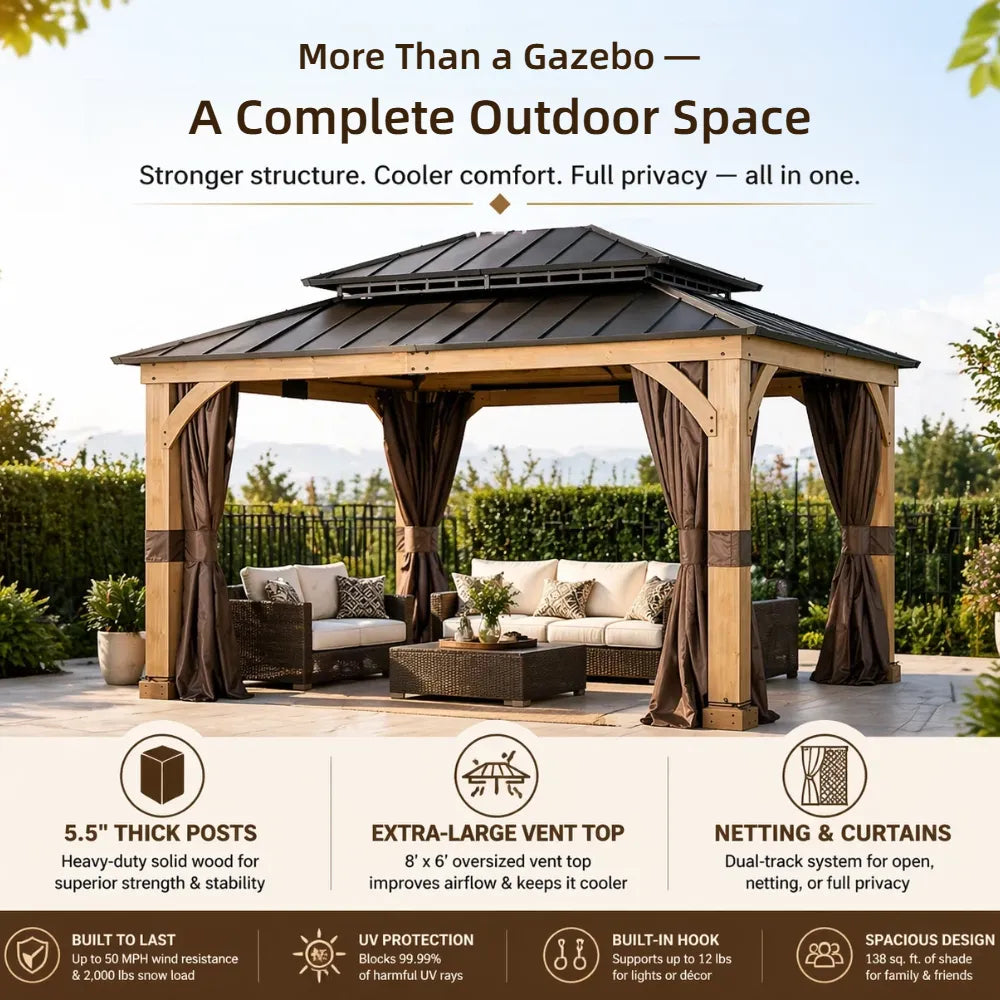 Outdoor gazebo with curtains and furniture in a backyard setting