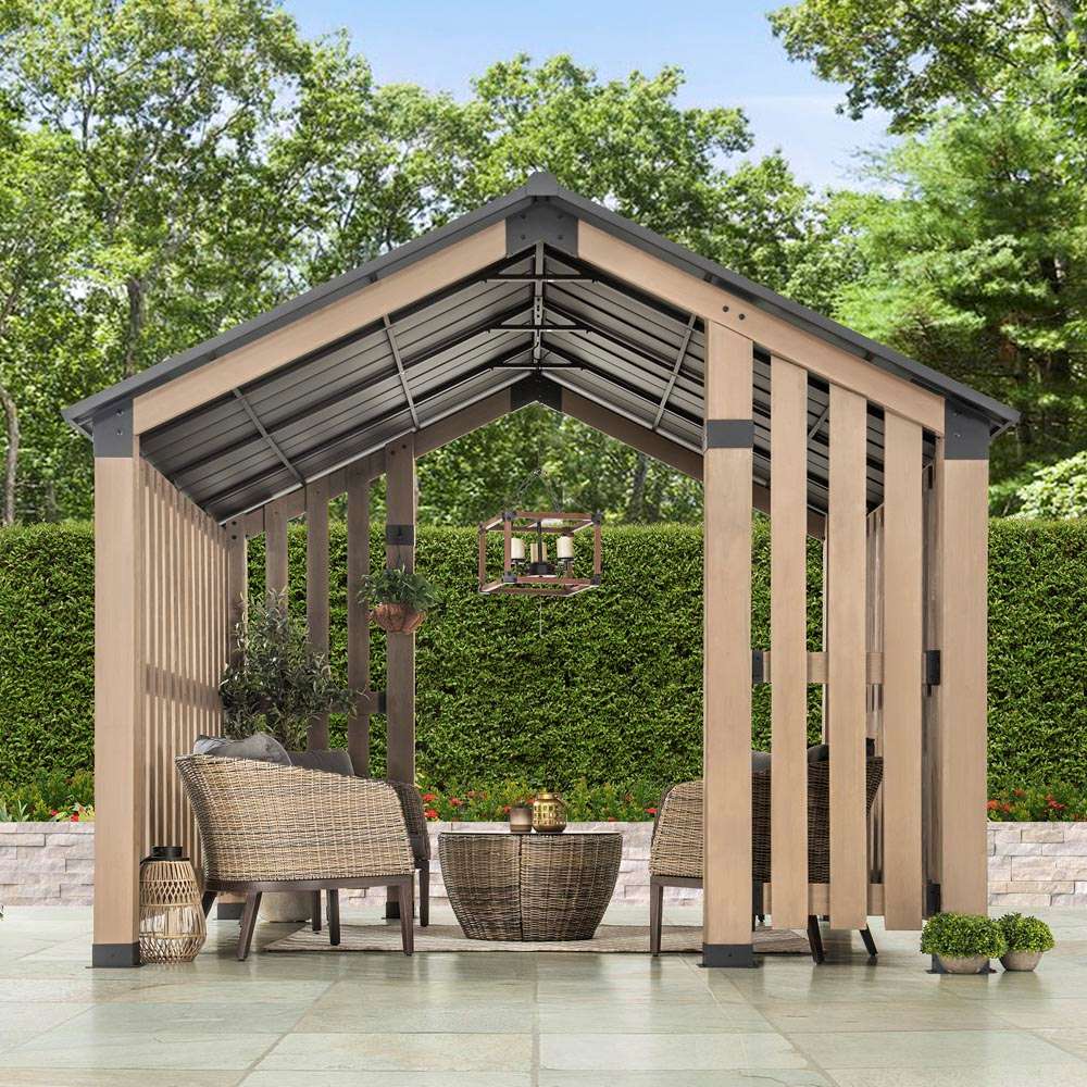 Sunjoy Outdoor Patio 11x11 Black Wooden Frame Privacy Screen Backyard Aluminum & Steel Hardtop Hot Tub Gazebo / Pavilion with Ceiling Hook.