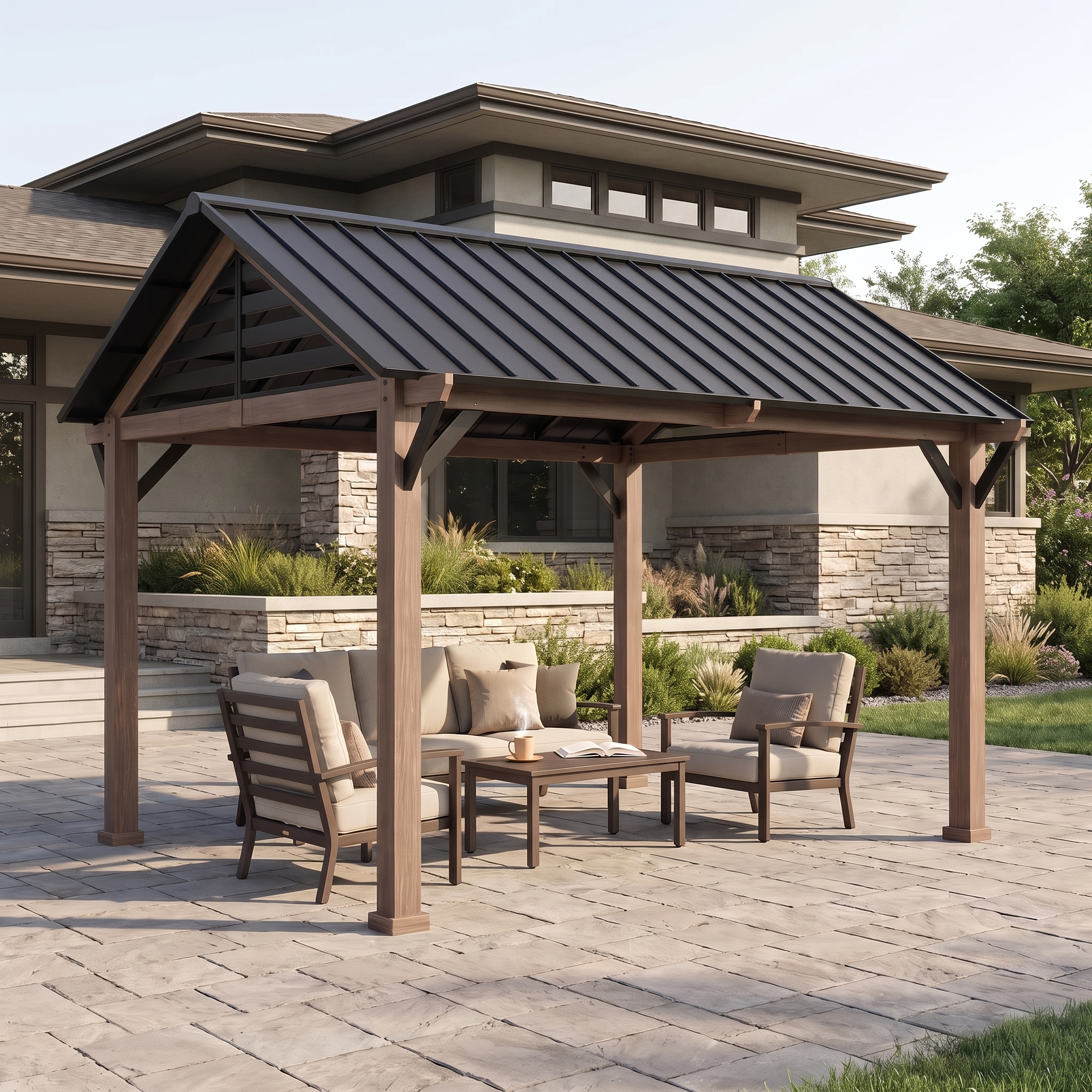 Apex Woodgrain Gable Steel Roof Patio Gazebo, 13×13