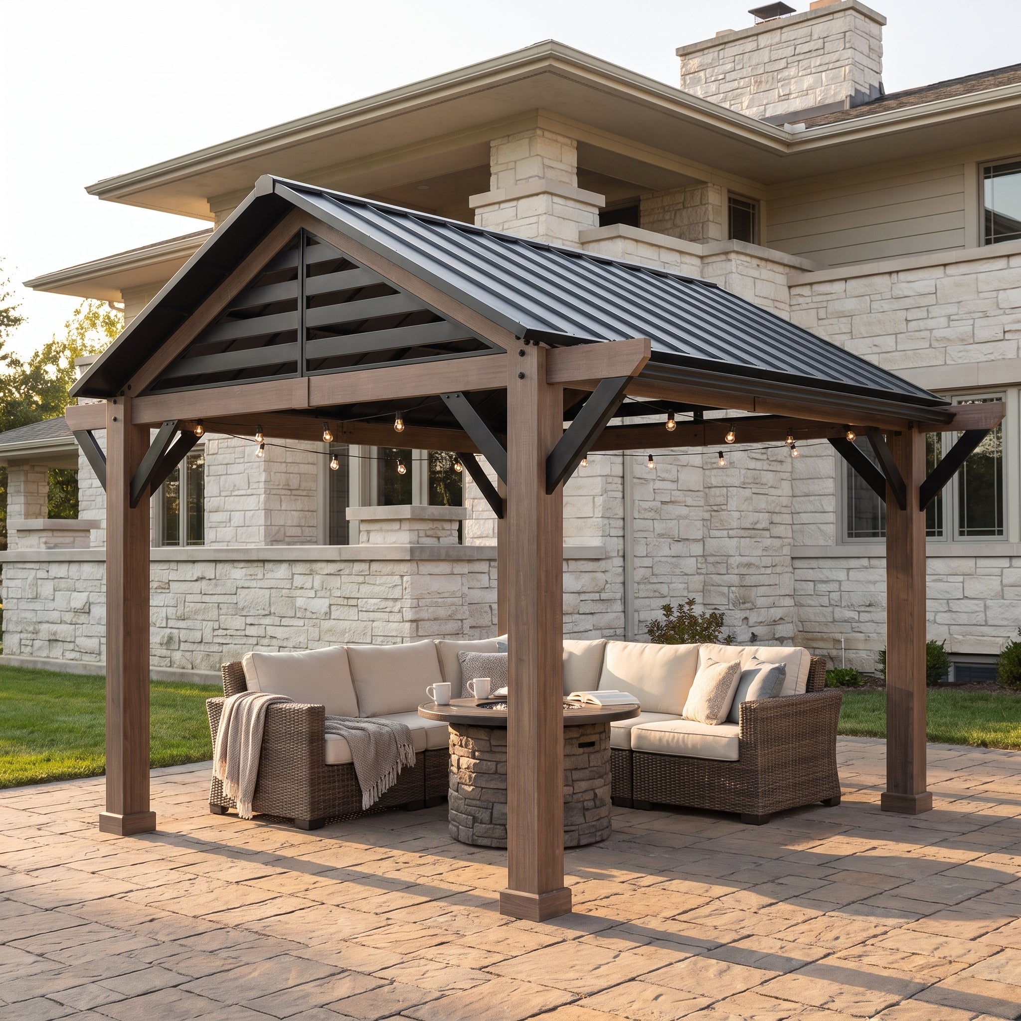 Apex Woodgrain Gable Steel Roof Patio Gazebo, 13×13