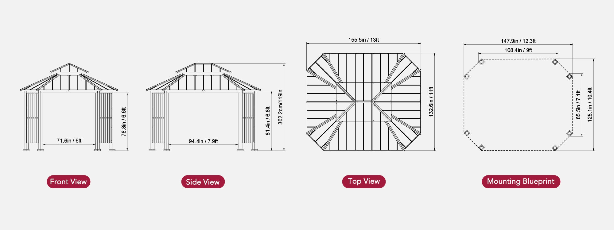 SUNJOY 11x13 Octagon Gazebo with Steel Roof and Ceiling Hook