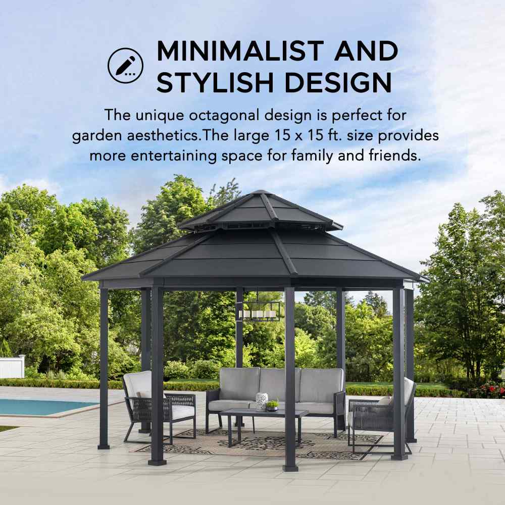 SUNJOY 15x15 Octagon Hardtop Gazebo with Dual Rails and Ceiling Hook.