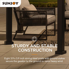 Sunjoy 15x15 ft. Outdoor Hardtop Gazebo, Octagon Double Tiered Metal Gazebo with Dual Rails and Ceiling Hook for Patio, Garden, Backyard Shade.