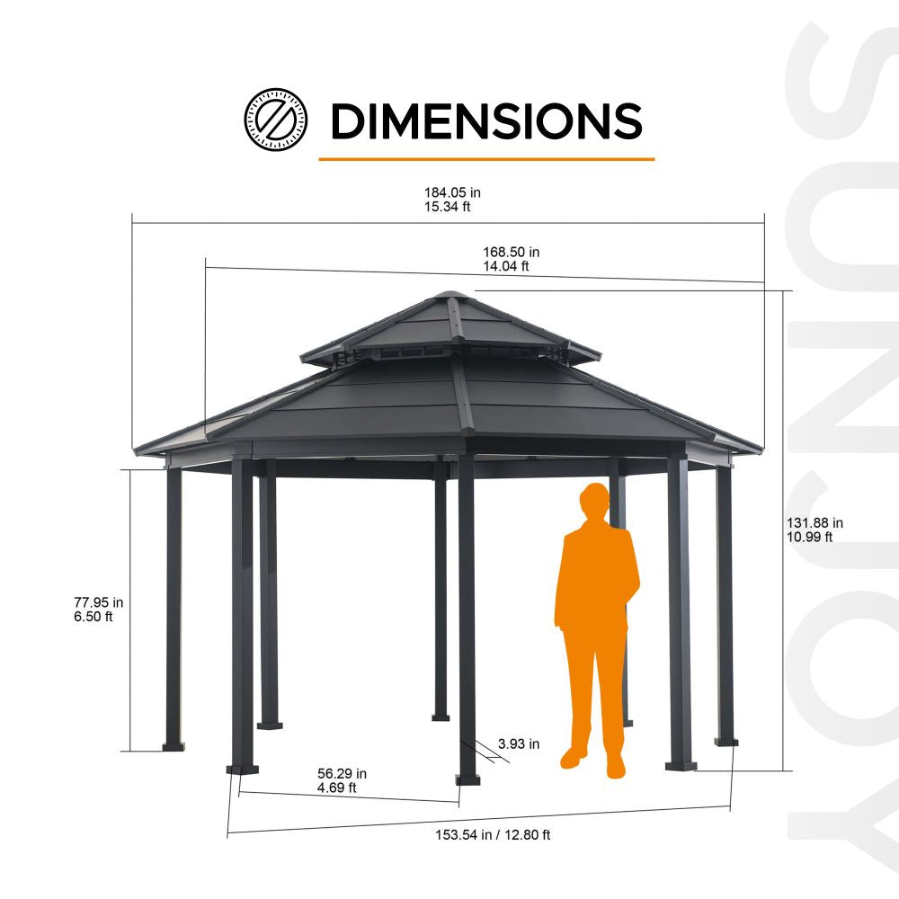 SUNJOY 15x15 Octagon Hardtop Gazebo with Dual Rails and Ceiling Hook.