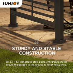 Sunjoy 13x15 ft. Outdoor Hardtop Gazebo, Hexagon Double Tiered Metal Gazebo with Decorative Fence, Dual Rails, and Ceiling Hook for Patio, Garden, Backyard Shade.