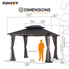 SUNJOY 10’ x 12’ Kirkfield Hard Top Gazebo with Mesh Netting & LED Lights