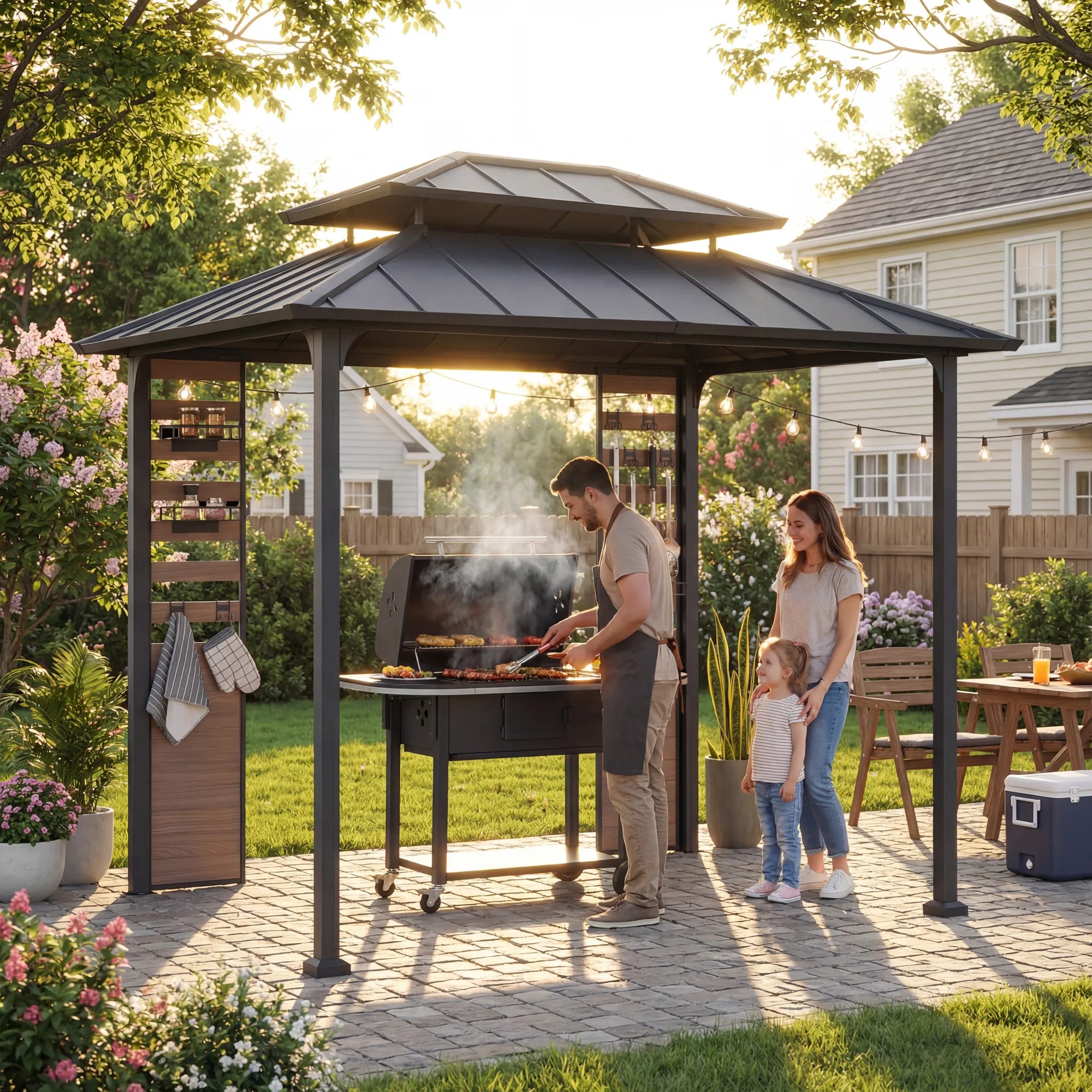 SUNJOY 7x9 Rochdale Grill Gazebo with Shelves and Hooks