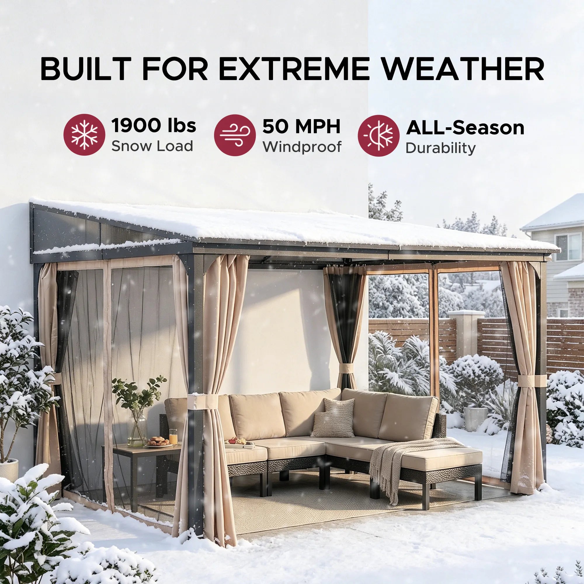 SUNJOY 10x12 Polycarbonate Roof Wall Mounted Gazebo, Lean to Gazebo with Curtain and Netting