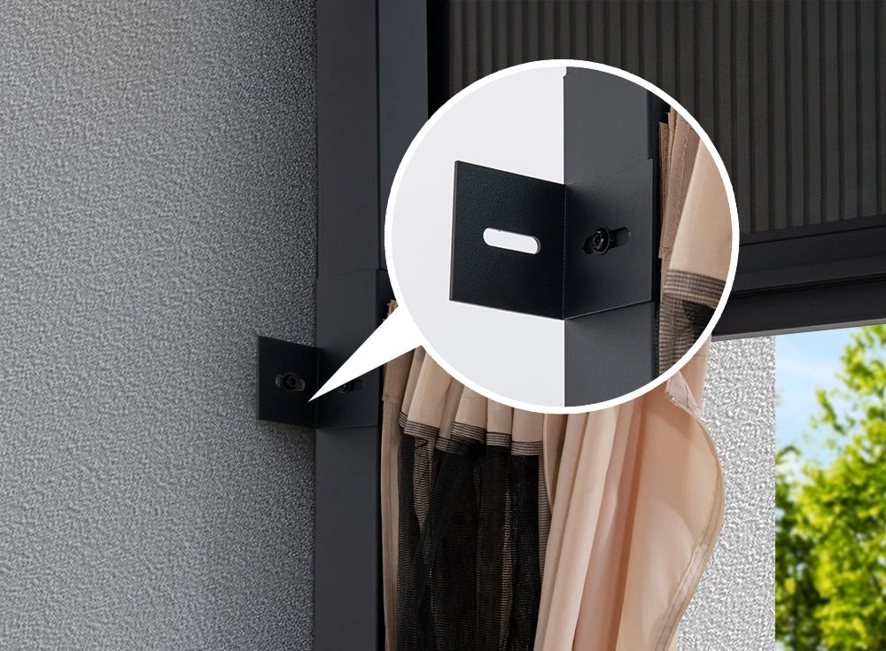 SUNJOY 10x12 Polycarbonate Roof Wall Mounted Gazebo, Lean to Gazebo with Curtain and Netting