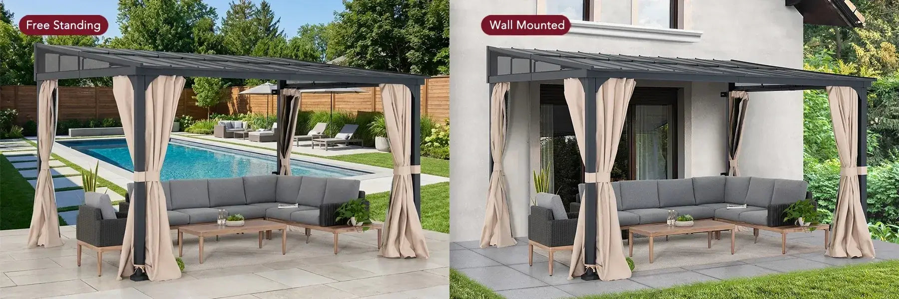 SUNJOY 10x12 Polycarbonate Roof Wall Mounted Gazebo, Lean to Gazebo with Curtain and Netting