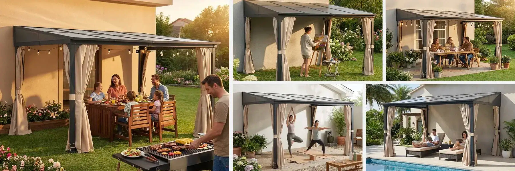 SUNJOY 10x12 Polycarbonate Roof Wall Mounted Gazebo, Lean to Gazebo with Curtain and Netting