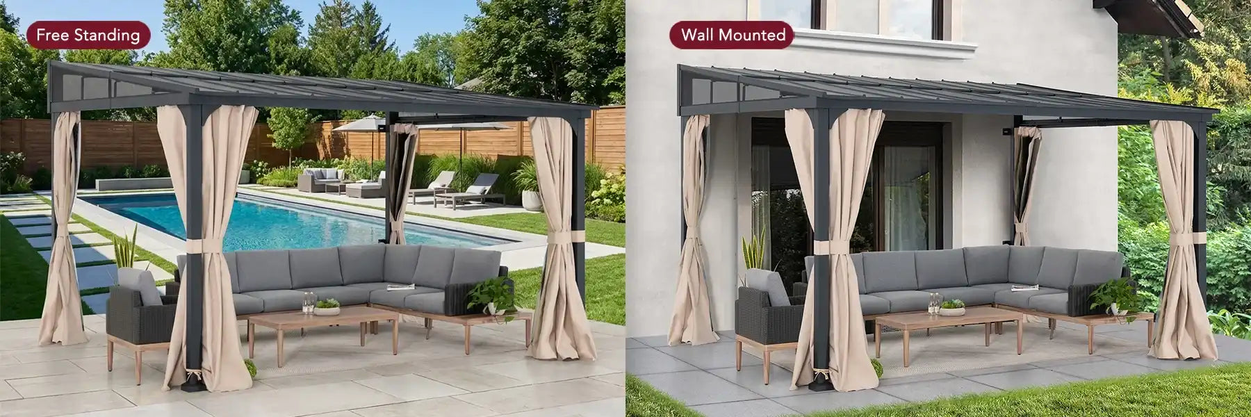 SUNJOY 10x12 Metal Roof Wall Mounted Gazebo, Lean to Gazebo with Curtain and Netting