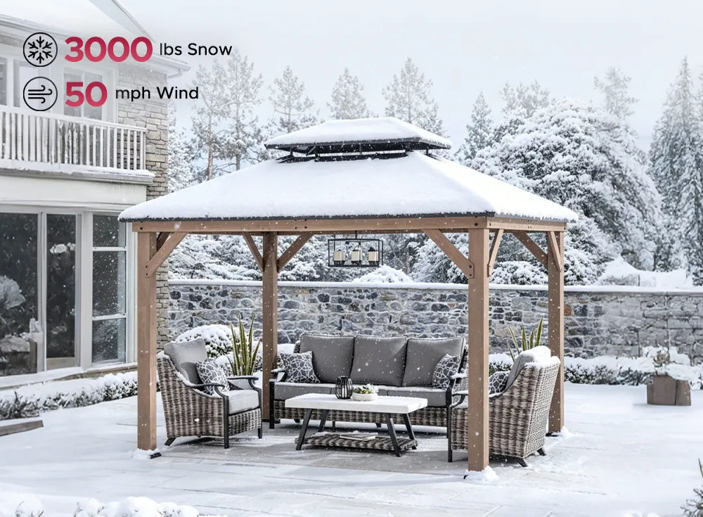SUNJOY 10x12 Wood Gazebo with 2-tier Metal Roof and Ceiling Hook - Weathered Cedar