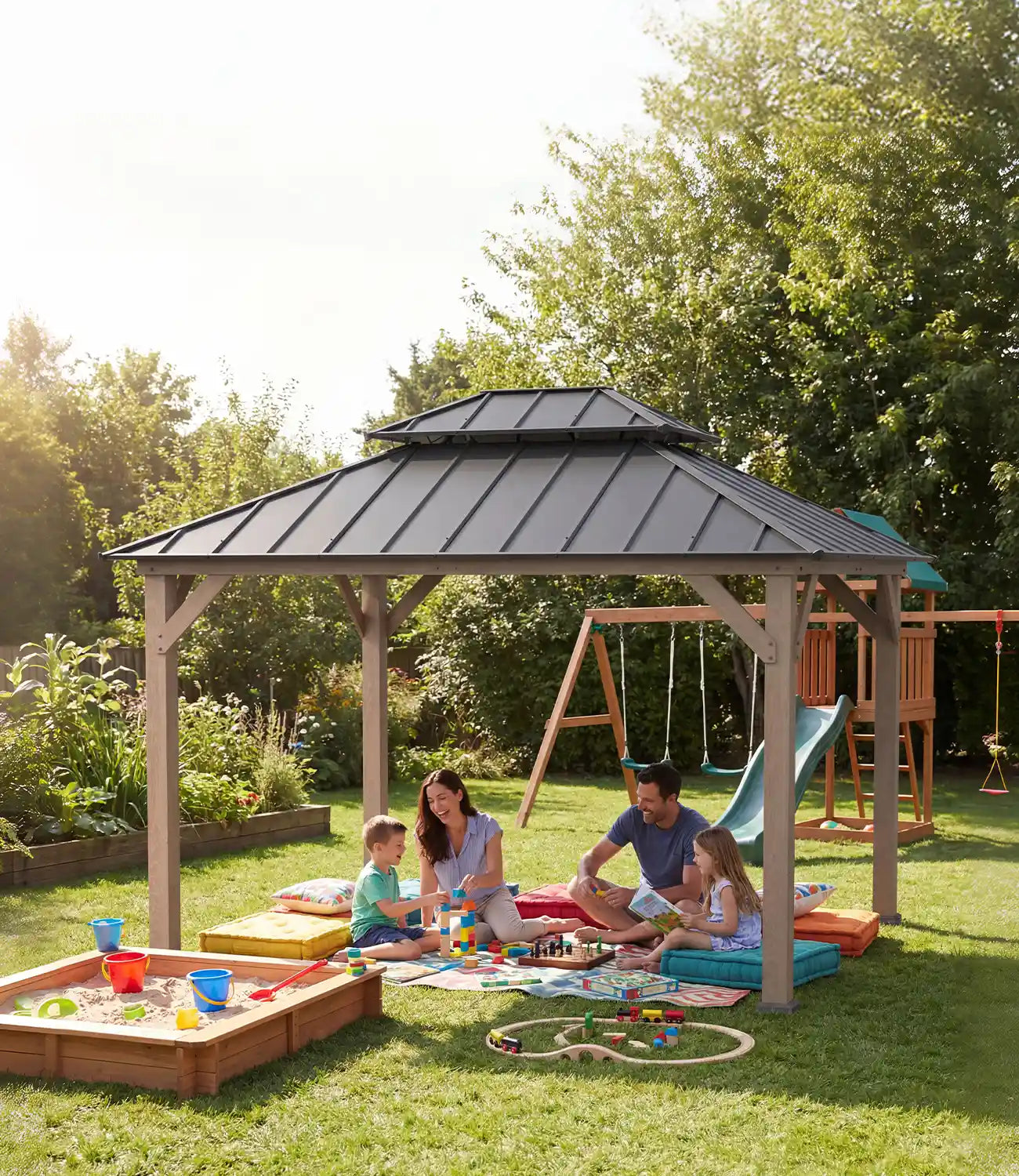 SUNJOY 10x12 Wood Gazebo with 2-tier Metal Roof and Ceiling Hook - Weathered Cedar