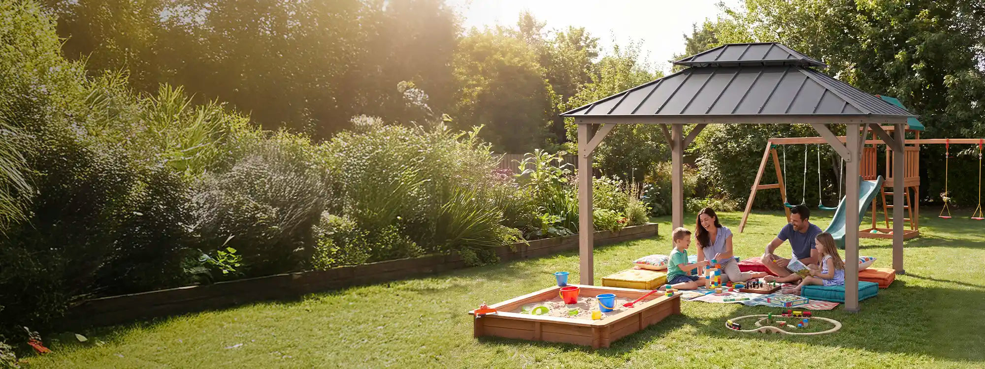 SUNJOY 10x12 Wood Gazebo with 2-tier Metal Roof and Ceiling Hook - Weathered Cedar