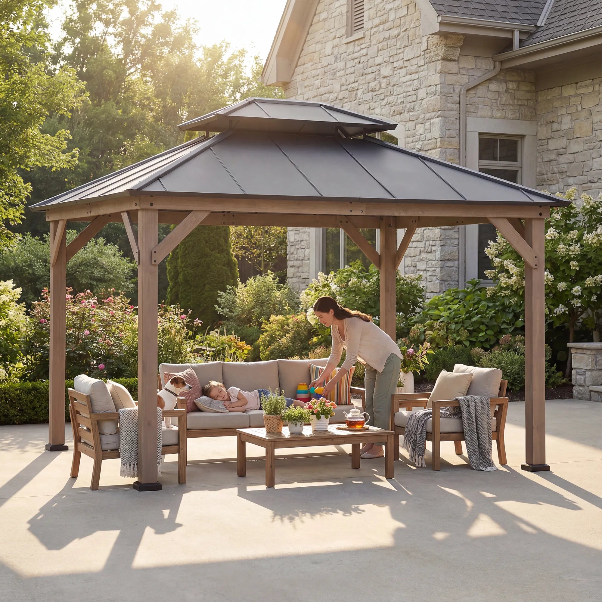 SUNJOY 10x12 Wood Gazebo with 2-tier Metal Roof and Ceiling Hook - Weathered Cedar
