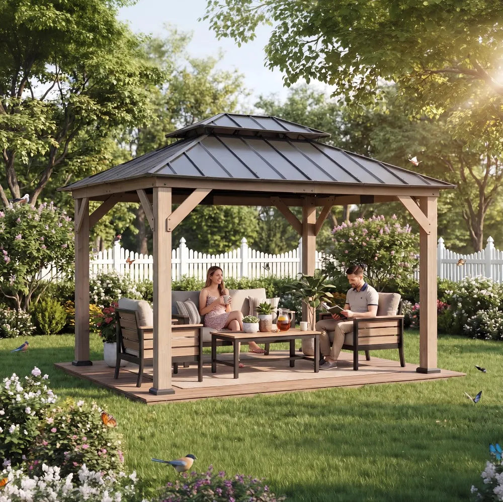 SUNJOY 10x12 Wood Gazebo with 2-tier Metal Roof and Ceiling Hook - Weathered Cedar