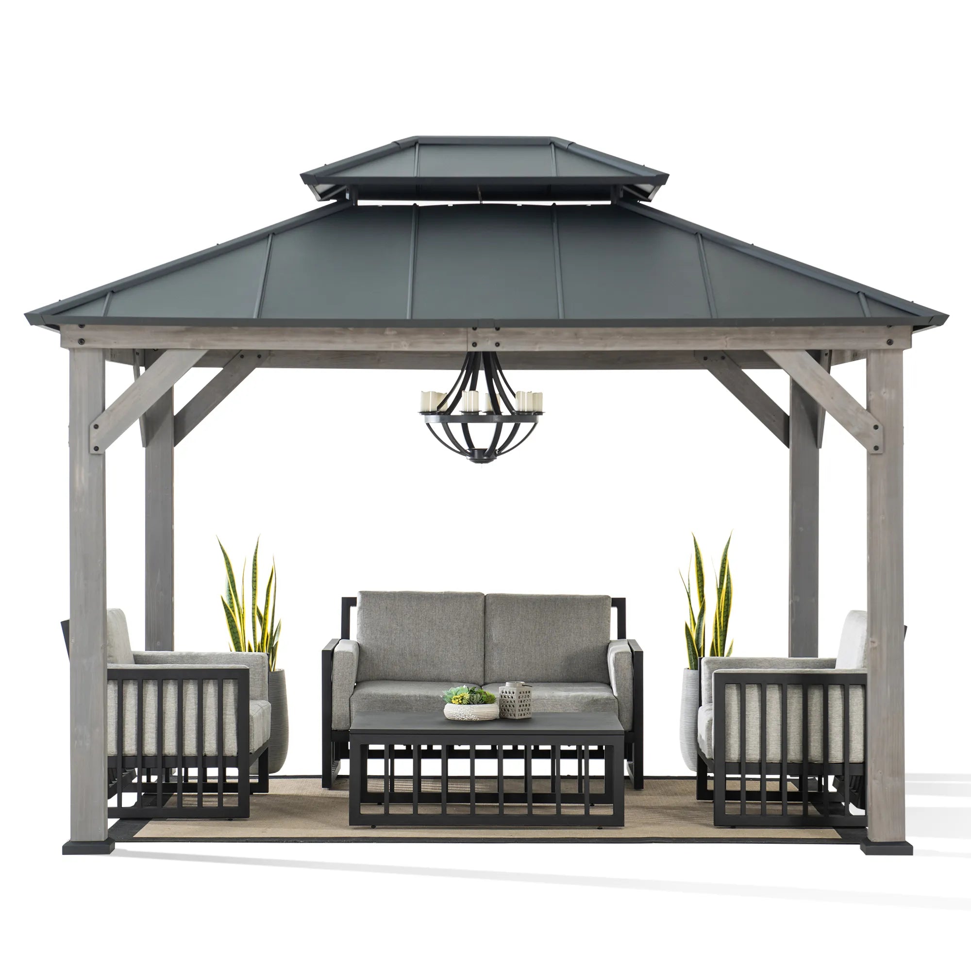 SUNJOY 10x12 Wood Gazebo with 2-tier Metal Roof and Ceiling Hook - Driftwood Cedar