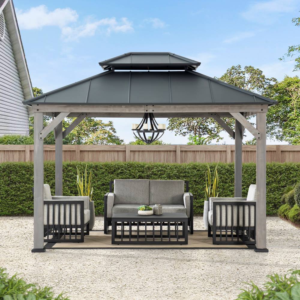 SUNJOY 10x12 Wood Gazebo with 2-tier Metal Roof and Ceiling Hook - Driftwood Cedar