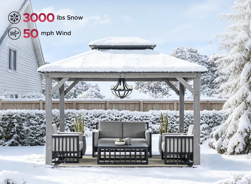 SUNJOY 10x12 Wood Gazebo with 2-tier Metal Roof and Ceiling Hook - Driftwood Cedar