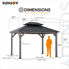 Sunjoy 10x12 ft. Wood Gazebo, Outdoor Patio Steel Hardtop Gazebo, Cedar Framed Wooden Gazebo with 2-tier Metal Roof and Ceiling Hook