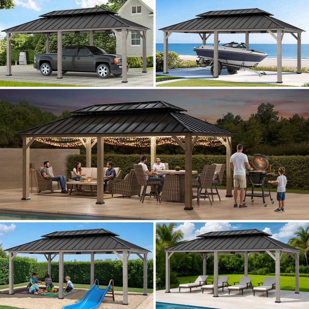 SUNJOY 12x20 Patio Wooden Gazebo with Ceiling Hooks - Standard Driftwood Cedar