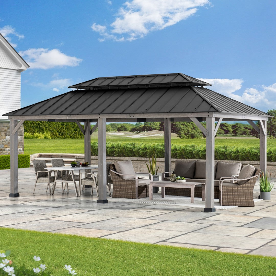SUNJOY 12x20 Patio Wooden Gazebo with Ceiling Hooks - Standard Driftwood Cedar