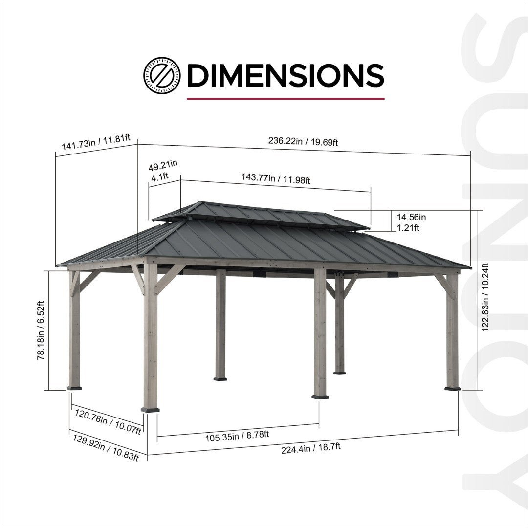 SUNJOY 12x20 Patio Wooden Gazebo with Ceiling Hooks - Standard Driftwood Cedar