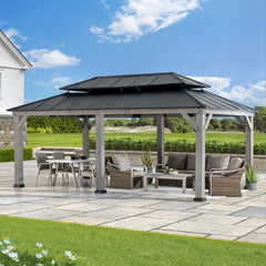 Sunjoy 12' x 20' Hardtop Gazebo Patio Wooden Frame Outdoor Gazebo, Rectangle Double Tiered Metal Hardtop Gazebo with Dual Rails and Ceiling Hook