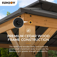 Sunjoy 12x20 ft. Aluminum Hardtop Gazebo, Cedar Frame Wood Gazebo with Dual Rails and Ceiling Hook.