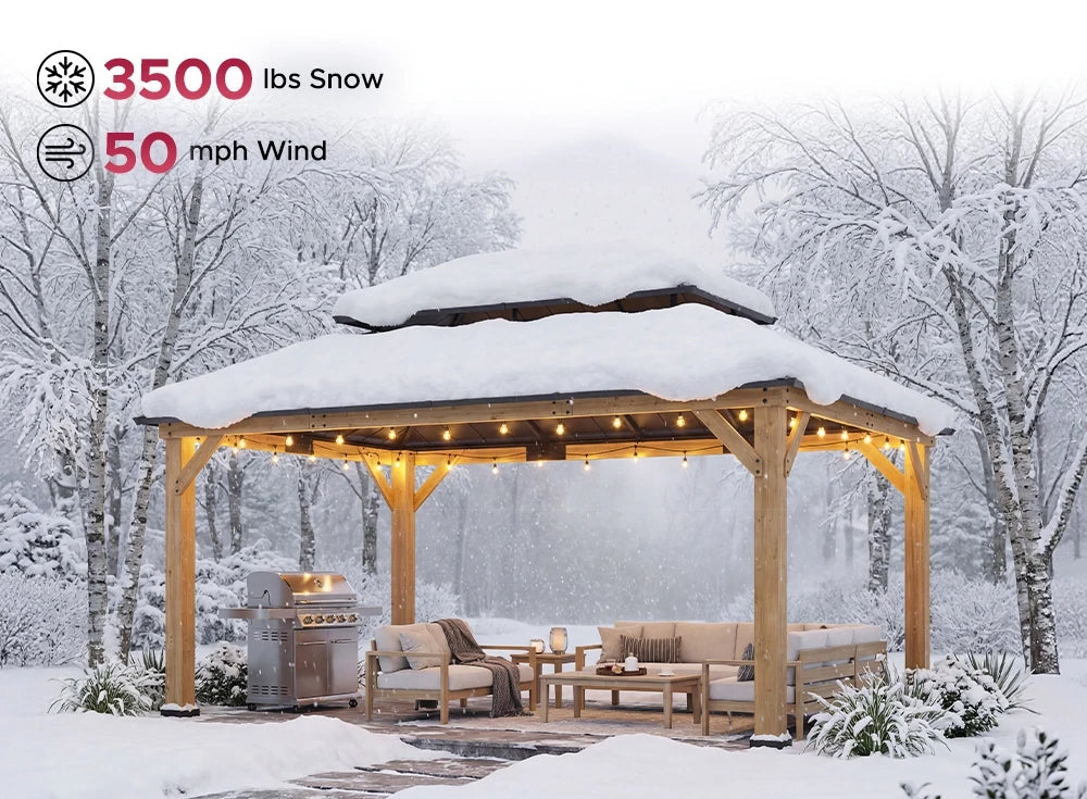 SUNJOY 12x16 Wooden Gazebo with 2-Tier Metal Roof and Ceiling Hook - Natural Cedar