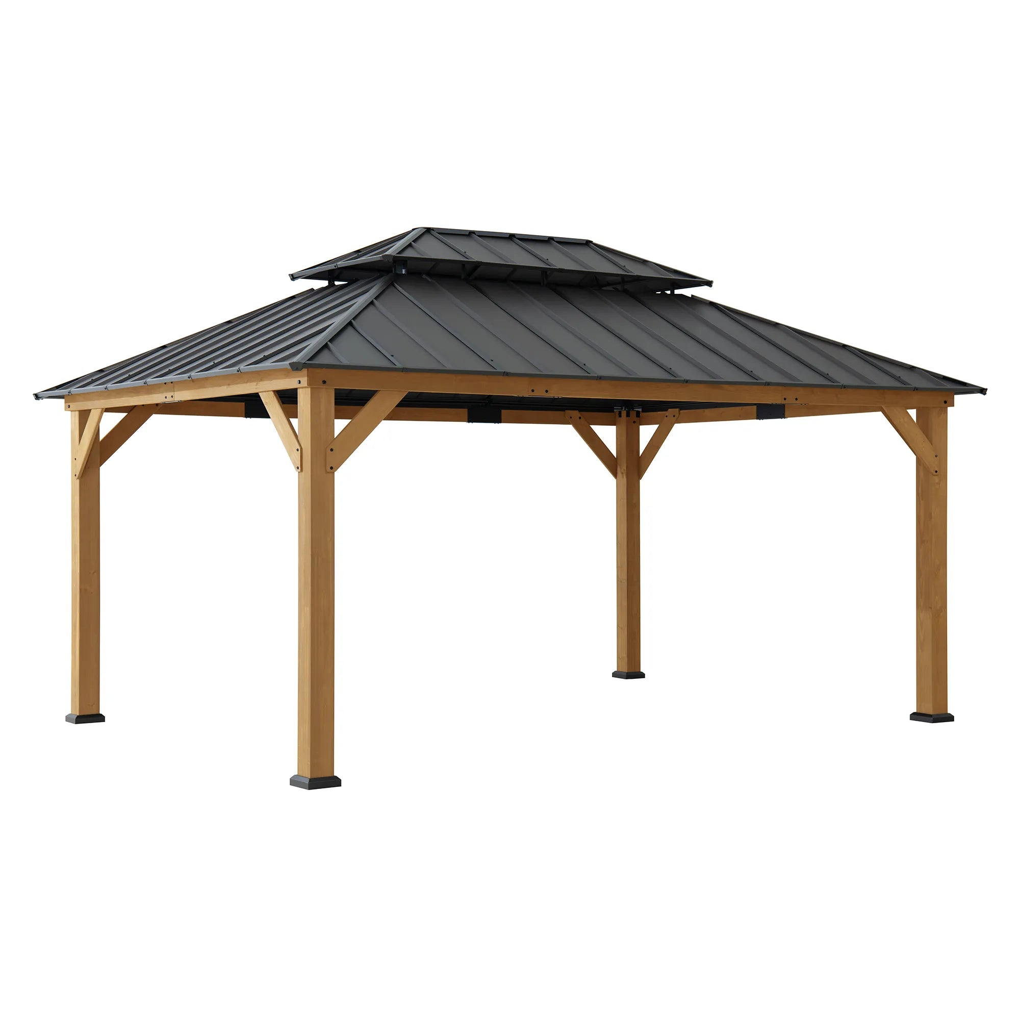 SUNJOY 12x16 Wooden Gazebo with 2-tier Metal Roof and Ceiling Hook - Natural Cedar