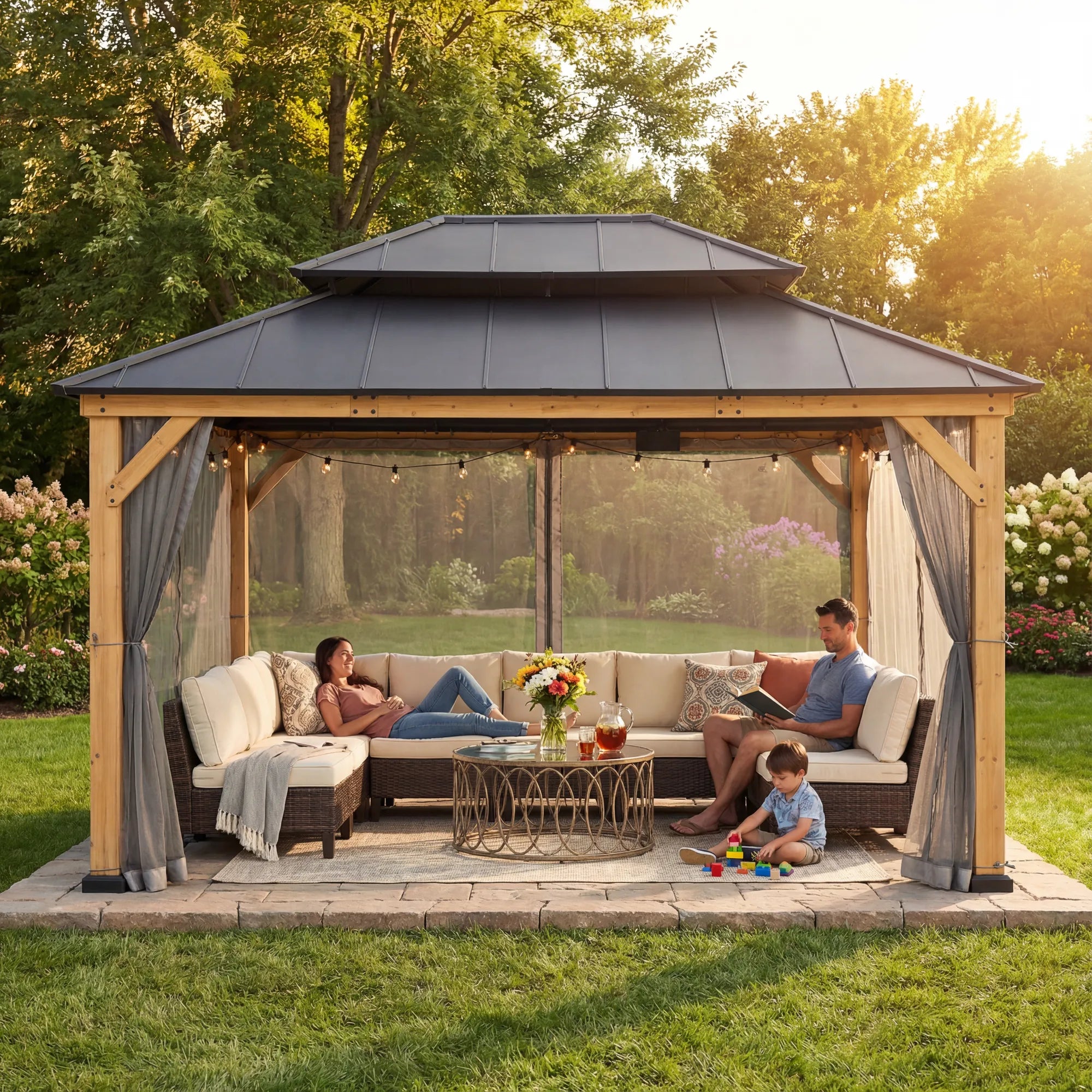 SUNJOY 12x16 Wooden Gazebo with 2-tier Metal Roof and Ceiling Hook - Natural Cedar