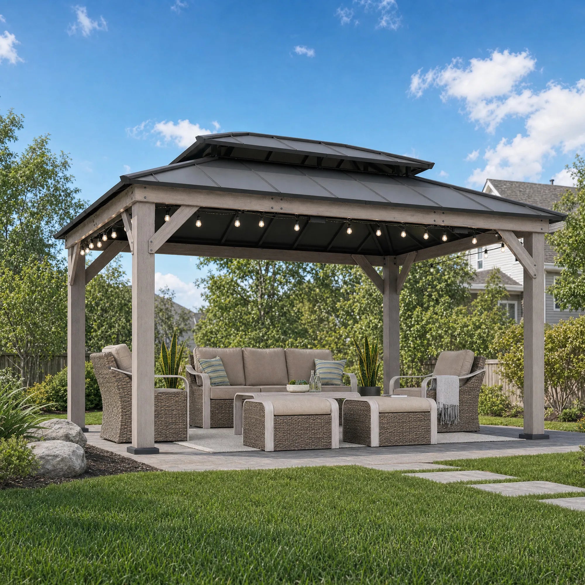Premium Double-Tier Cedar Gazebo 12x16 - Driftwood Cedar