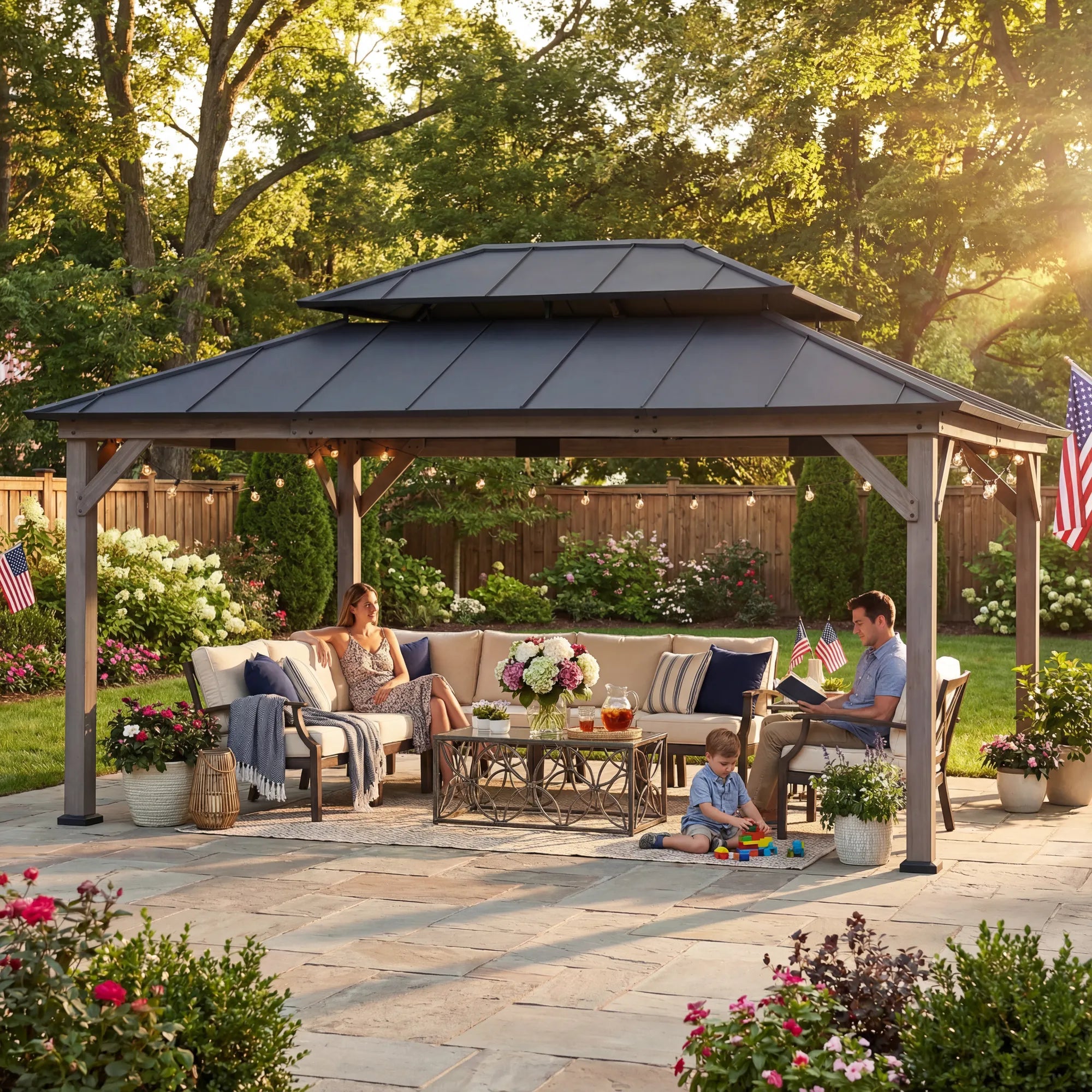 SUNJOY 12x16 Wooden Gazebo with 2-tier Metal Roof and Ceiling Hook - Driftwood Cedar